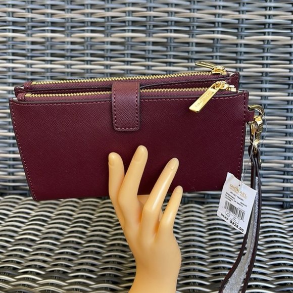 Michael Kors Jet Set Travel Large Double Zip Wristlet Wallet Dark Cherry Leather - Picture 8 of 16